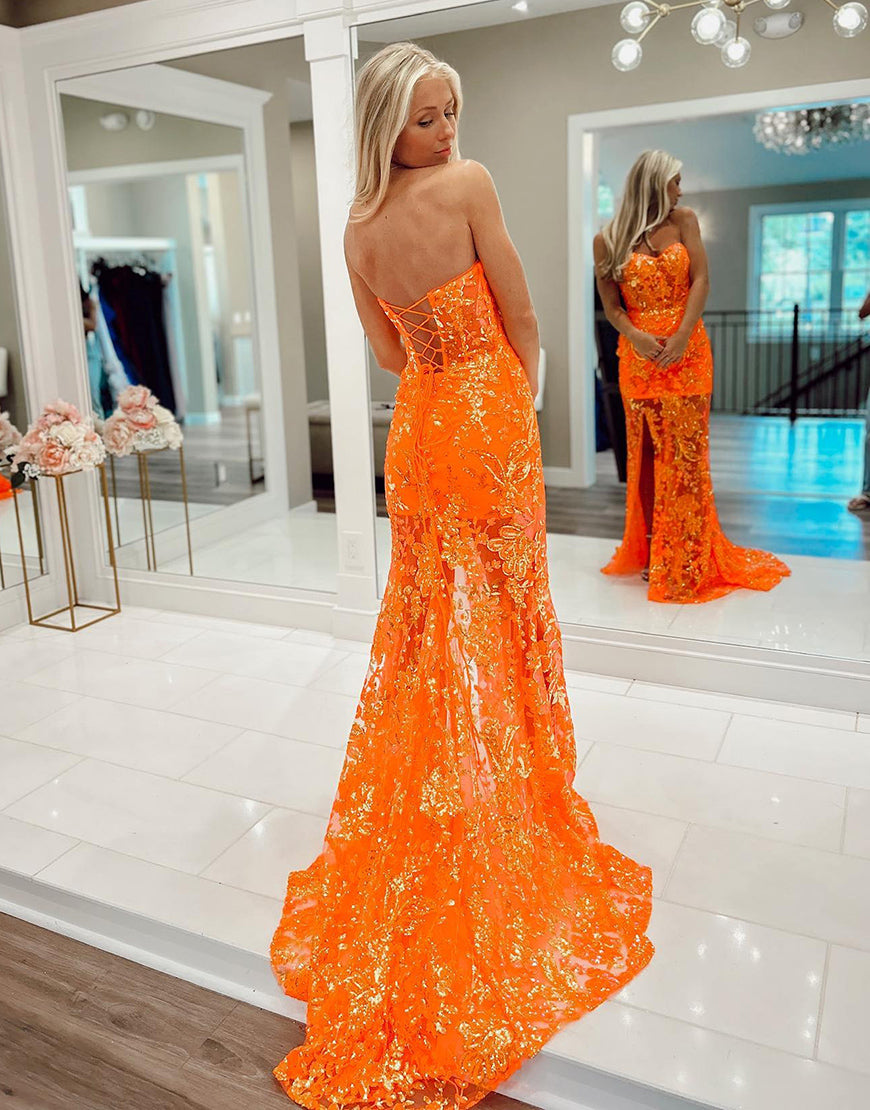 Luolandi Orange Mermaid Strapless Long Prom Dress With Split Off Shoulder Sexy