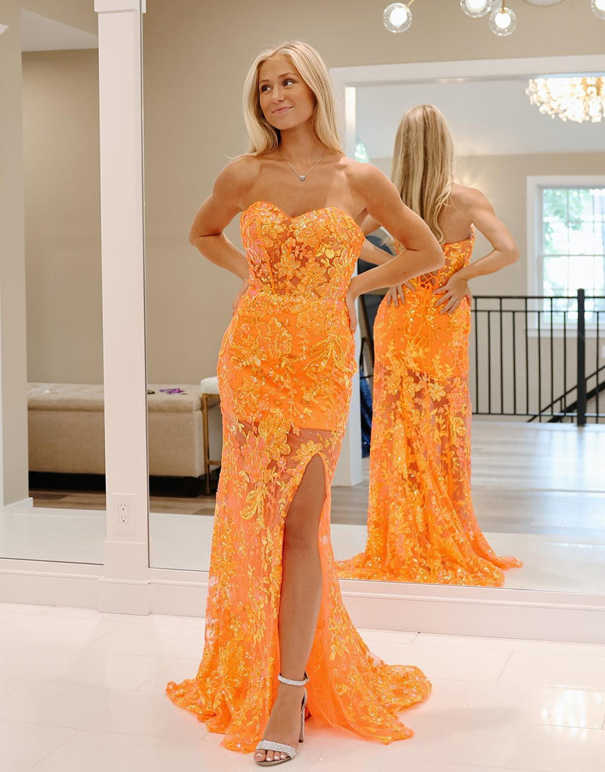 Luolandi Orange Mermaid Strapless Long Prom Dress With Split Off Shoulder Sexy