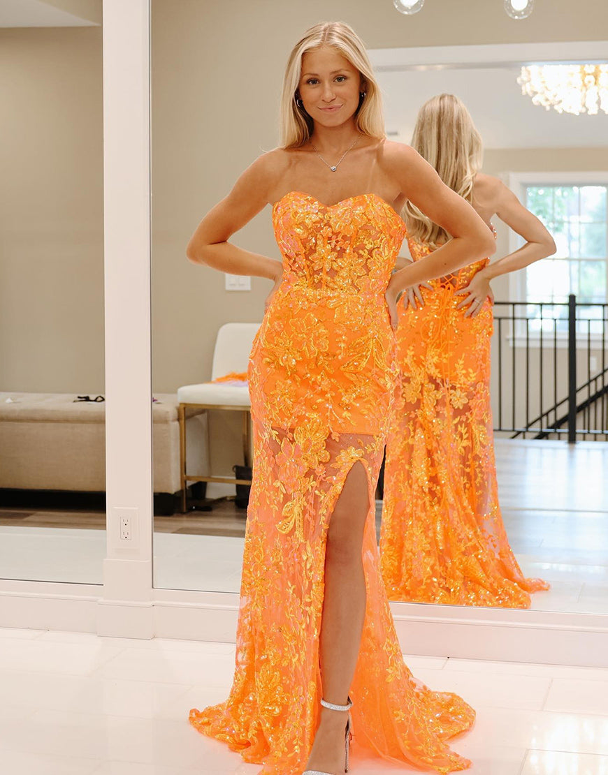 Luolandi Orange Mermaid Strapless Long Prom Dress With Split Off Shoulder Sexy