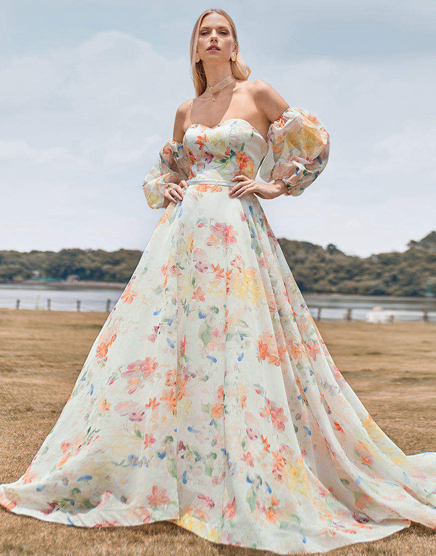 Luolandi Charming A Line Sweetheart Ivory Floral Sweep Train Bridal Dress with Sleeves With Flowers