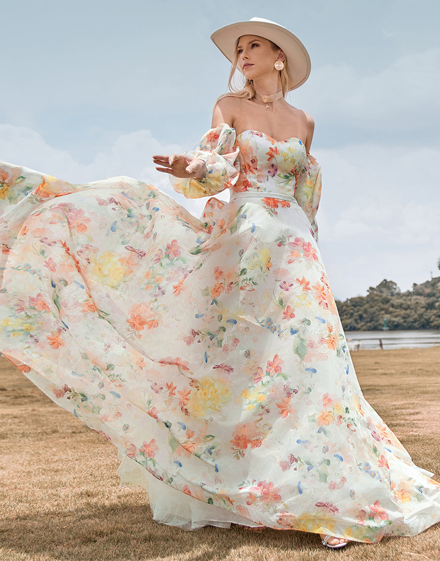 Luolandi Charming A Line Sweetheart Ivory Floral Sweep Train Bridal Dress with Sleeves With Flowers
