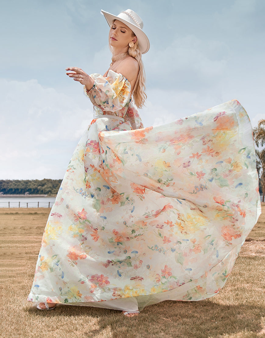 Luolandi Charming A Line Sweetheart Ivory Floral Sweep Train Bridal Dress with Sleeves With Flowers