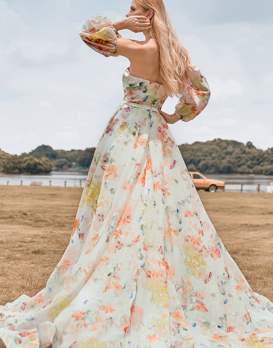 Luolandi Charming A Line Sweetheart Ivory Floral Sweep Train Bridal Dress with Sleeves With Flowers