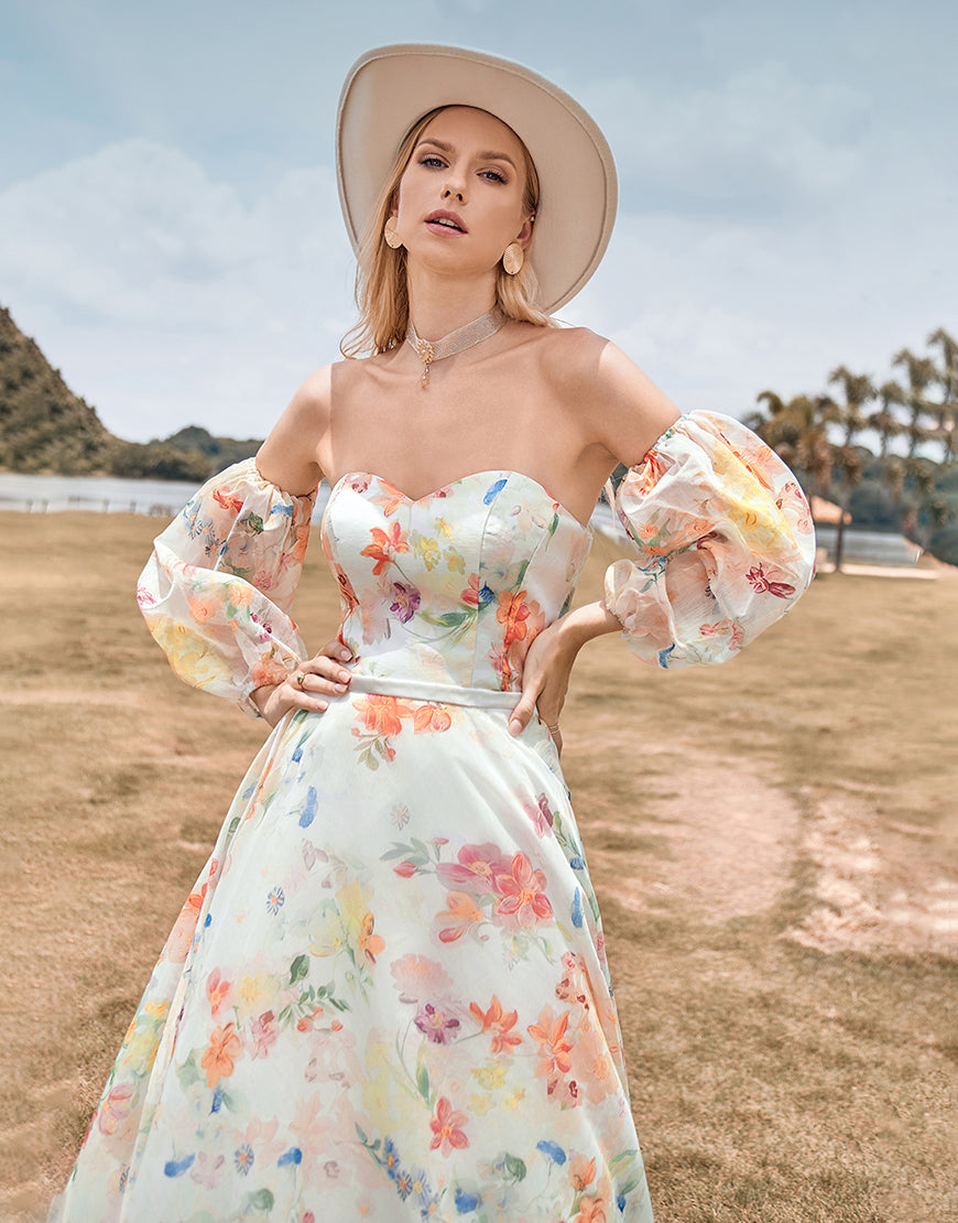 Luolandi Charming A Line Sweetheart Ivory Floral Sweep Train Bridal Dress with Sleeves With Flowers