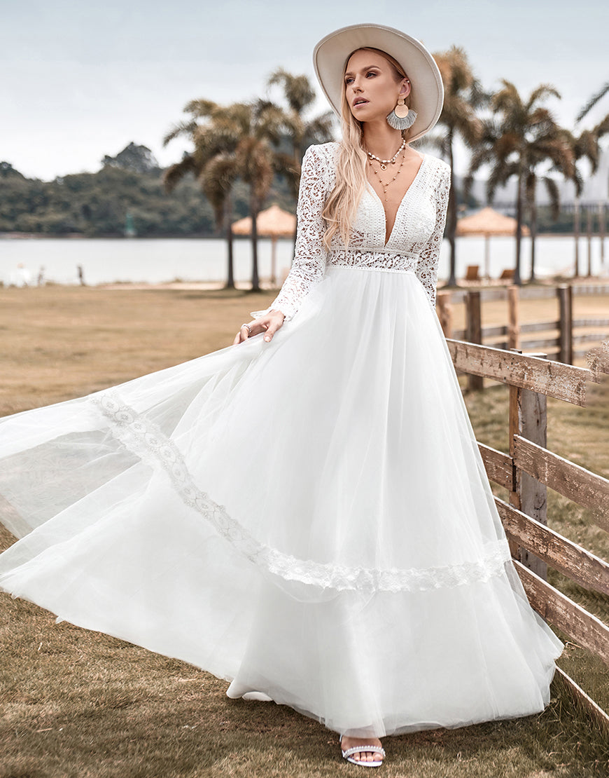 Luolandi Lace Long Sleeves Deep V-neck Boho Wedding Dress with Backless Floor Length Sexy