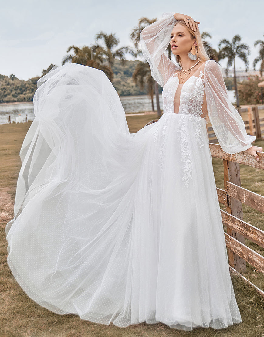 Luolandi Long Sleeves Open Back Ivory A Line Wedding Dress with Appliques Floor Length