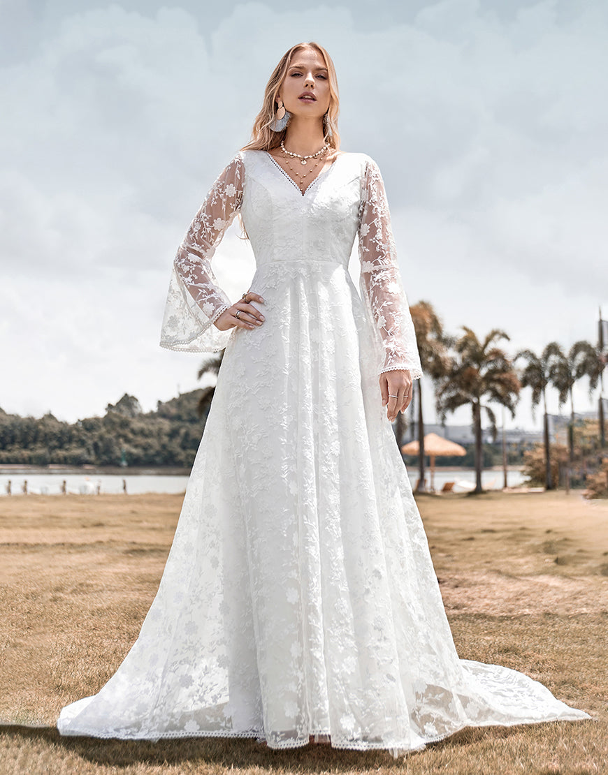 Luolandi Beauty A Line V Neck Ivory Lace Flare Sleeves Wedding Dress Floor Length Beautiful