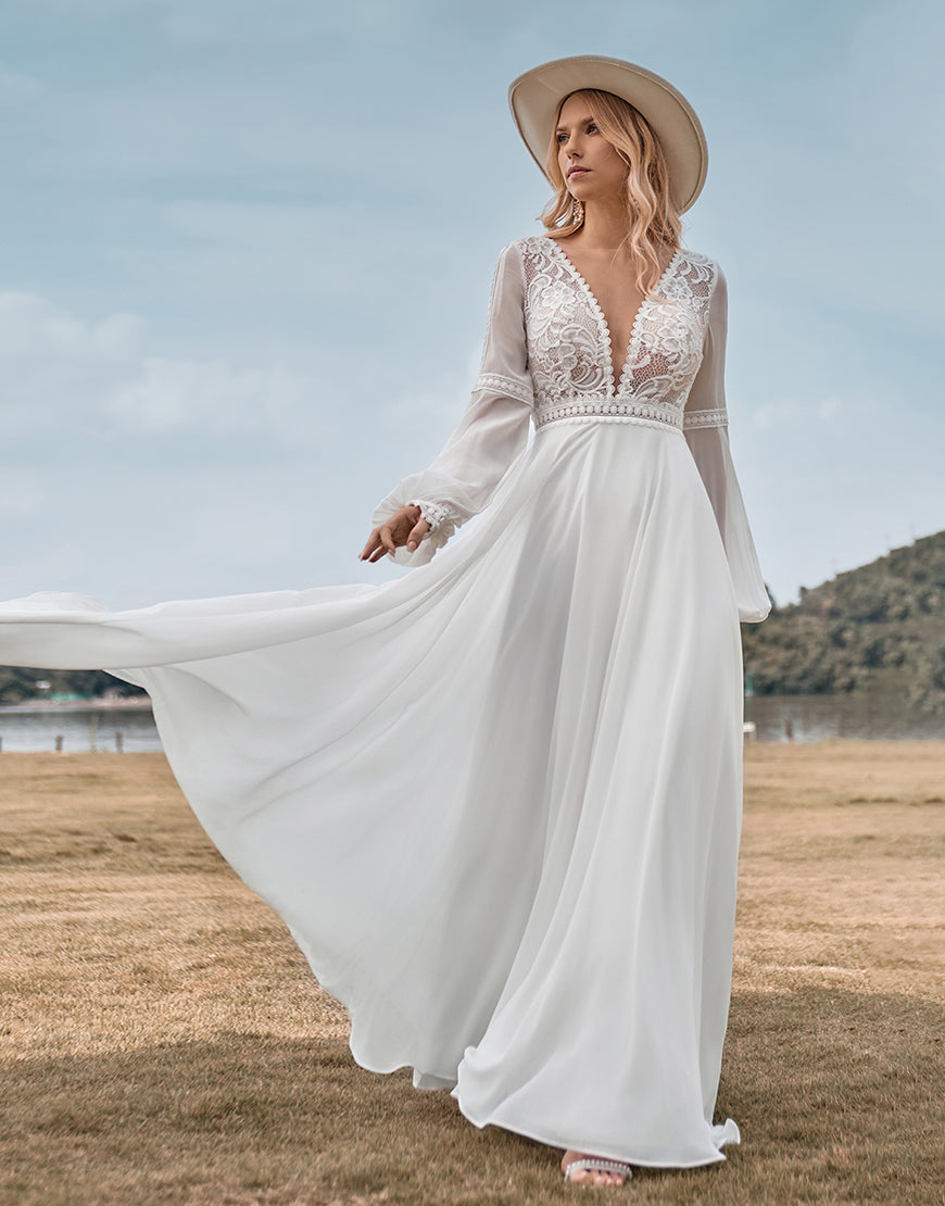 Luolandi Long Sleeves Ivory A Line Wedding Dress with Lace V-neck Floor Length