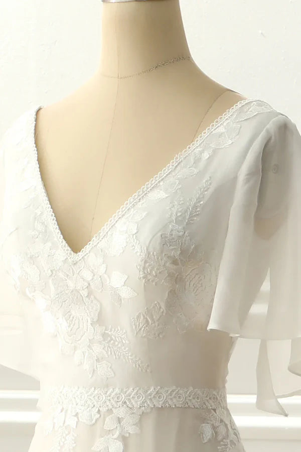 Luolandi Ivory V Neck A Line Long Wedding Dress With Appliques Beautiful