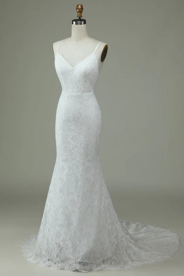 Luolandi Ivory thin shoulder strap off shoulder fishtail lace off back and ground length wedding dress Beautiful