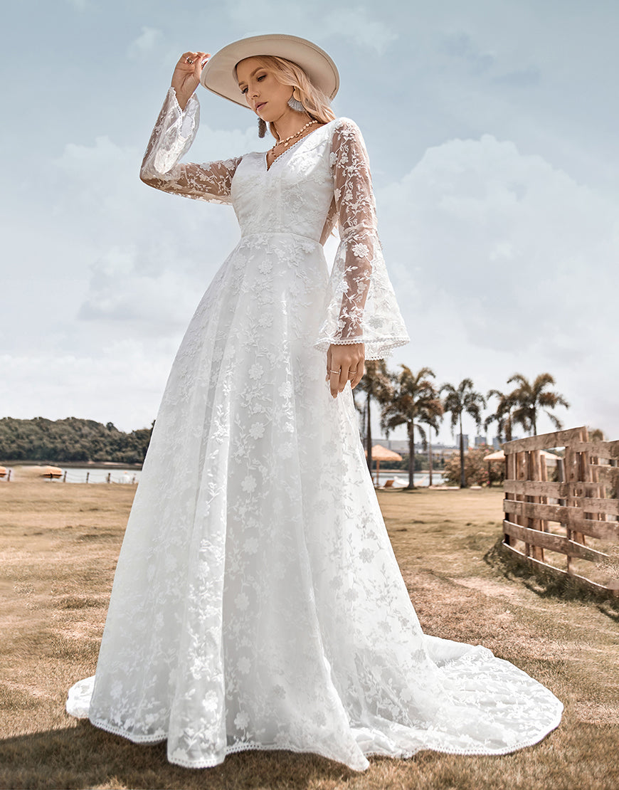 Luolandi Beauty A Line V Neck Ivory Lace Flare Sleeves Wedding Dress Floor Length Beautiful