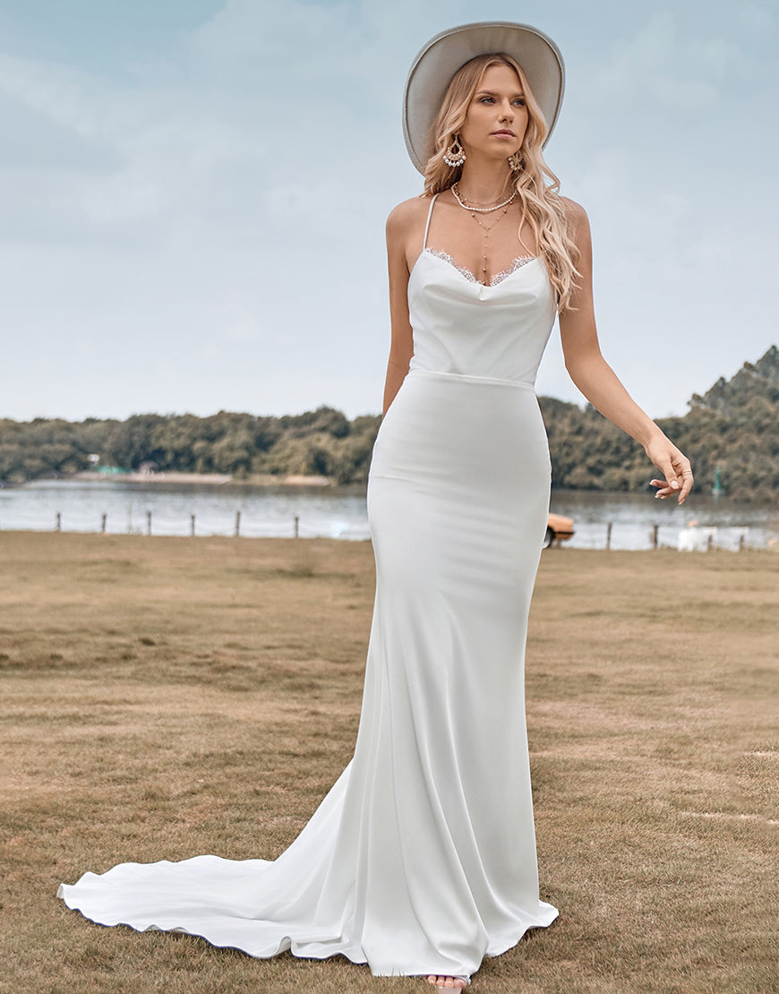 Luolandi Simple Spaghetti Straps Bridal Dress with Criss Cross Back Pure Color Wedding Dresses