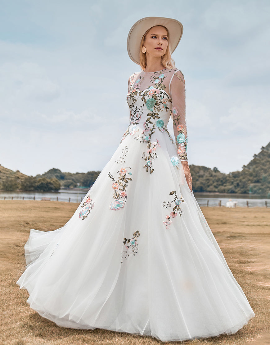 Luolandi Gorgeous A Line Tulle Long Sleeves Long Ivory Wedding Dress with Embroidery Flowers