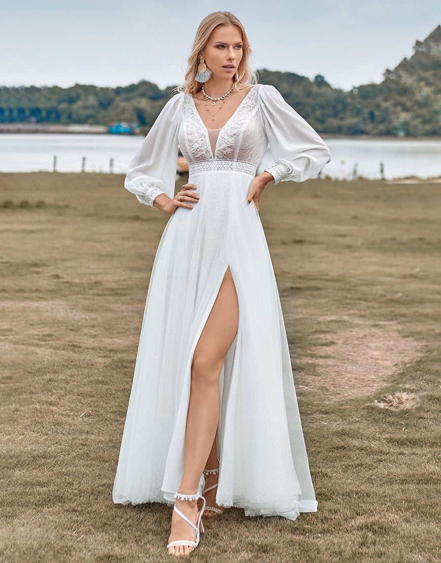 Luolandi A-Line Tulle Beaded Ivory Wedding Dress with Long Sleeves Open Back With Slit