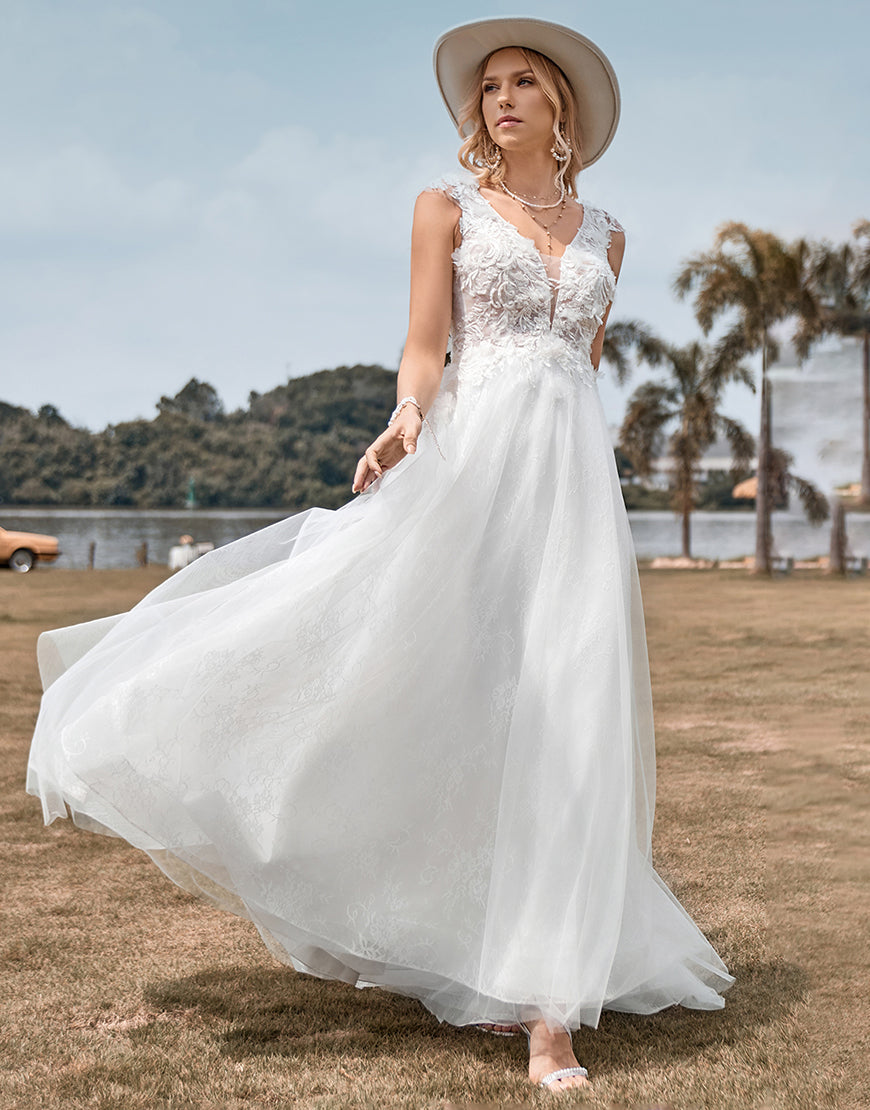 Luolandi Tulle Beaded Ivory Long A Line Wedding Dress Floor Length Open Back Sexy