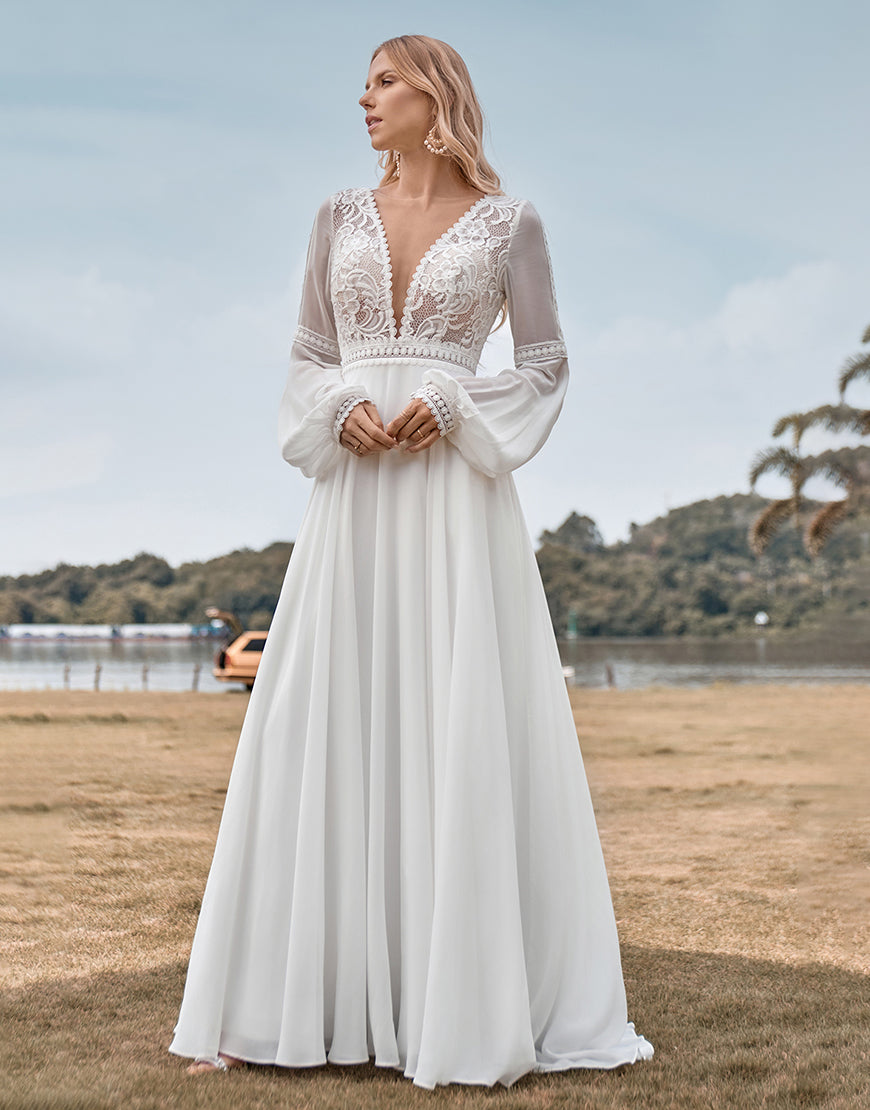 Luolandi Long Sleeves Ivory A Line Wedding Dress with Lace V-neck Floor Length