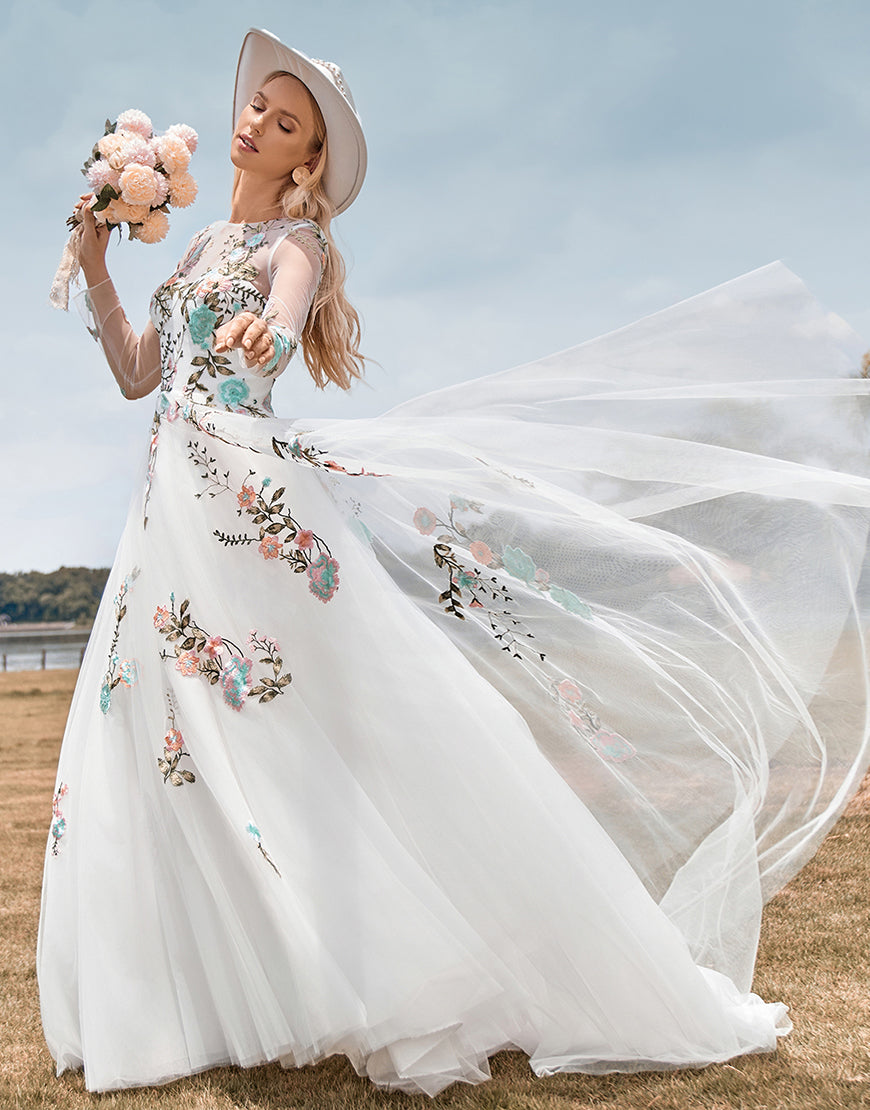 Luolandi Gorgeous A Line Tulle Long Sleeves Long Ivory Wedding Dress with Embroidery Flowers