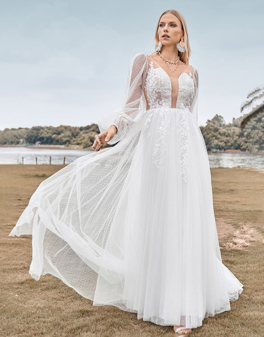 Luolandi Long Sleeves Open Back Ivory A Line Wedding Dress with Appliques Floor Length