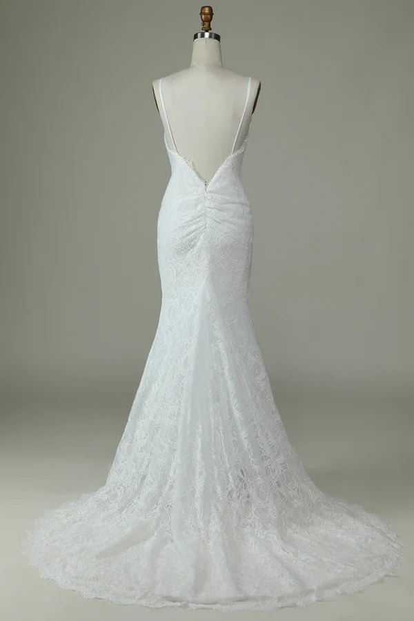 Luolandi Ivory thin shoulder strap off shoulder fishtail lace off back and ground length wedding dress Beautiful