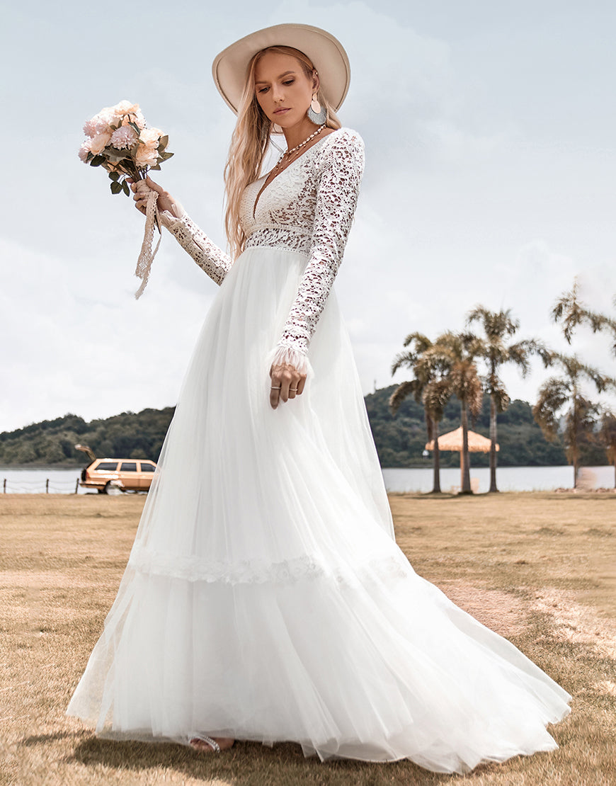 Luolandi Lace Long Sleeves Deep V-neck Boho Wedding Dress with Backless Floor Length Sexy