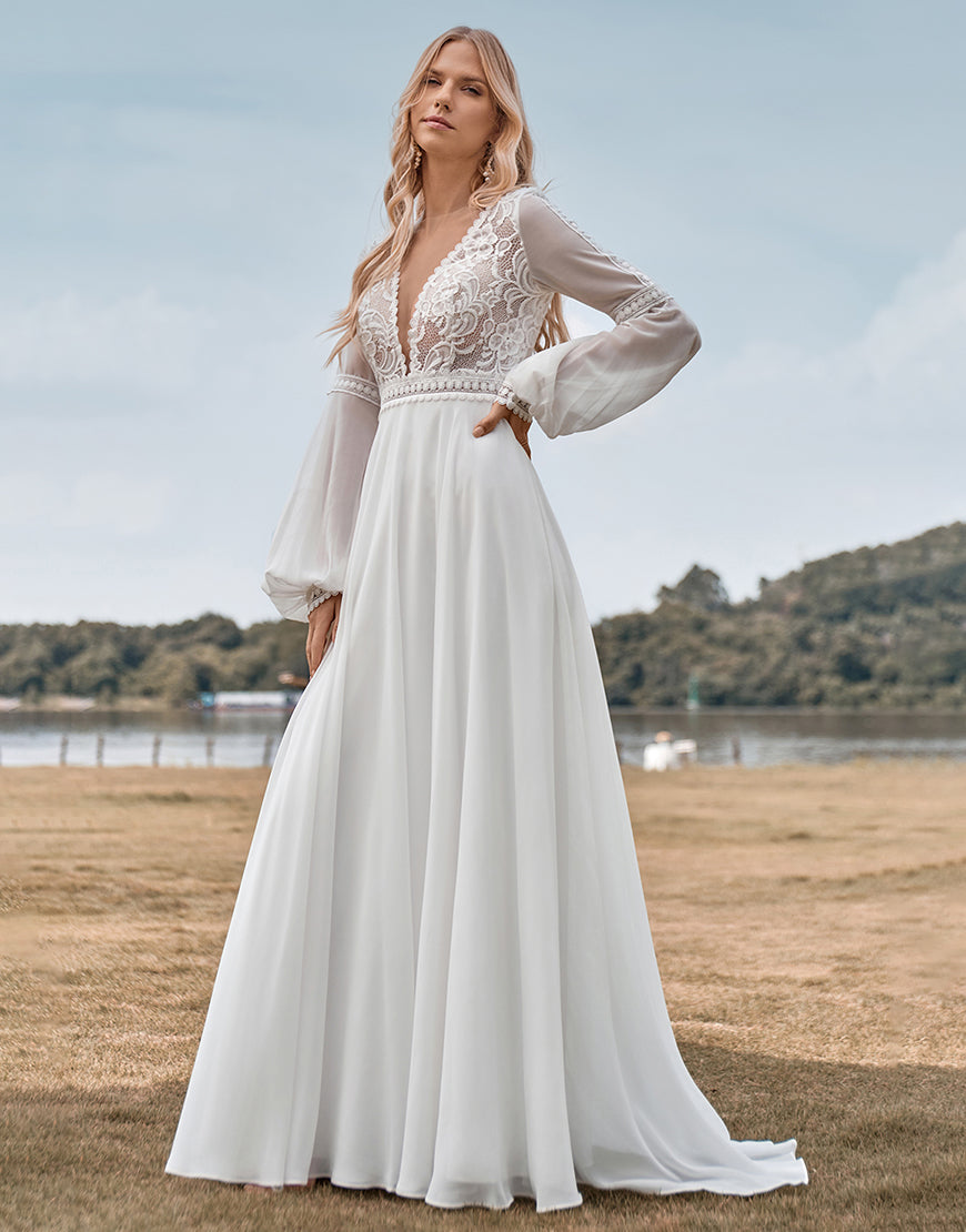 Luolandi Long Sleeves Ivory A Line Wedding Dress with Lace V-neck Floor Length