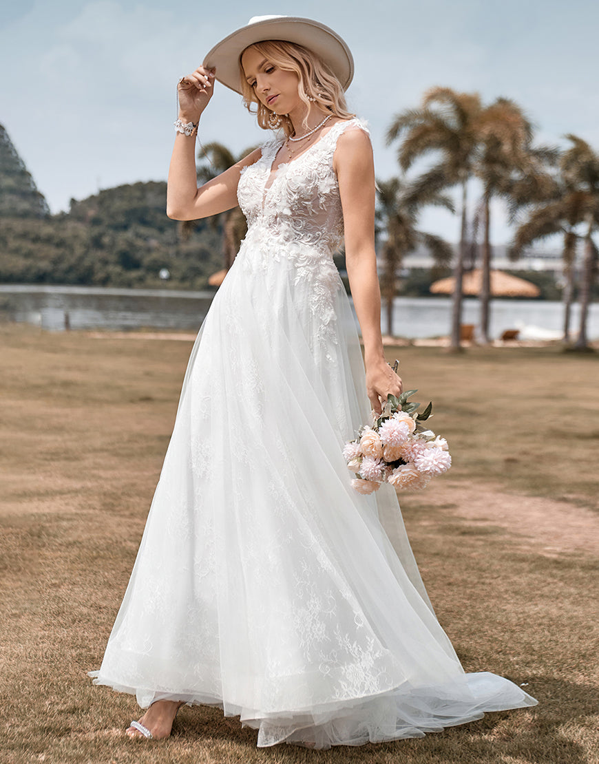 Luolandi Tulle Beaded Ivory Long A Line Wedding Dress Floor Length Open Back Sexy