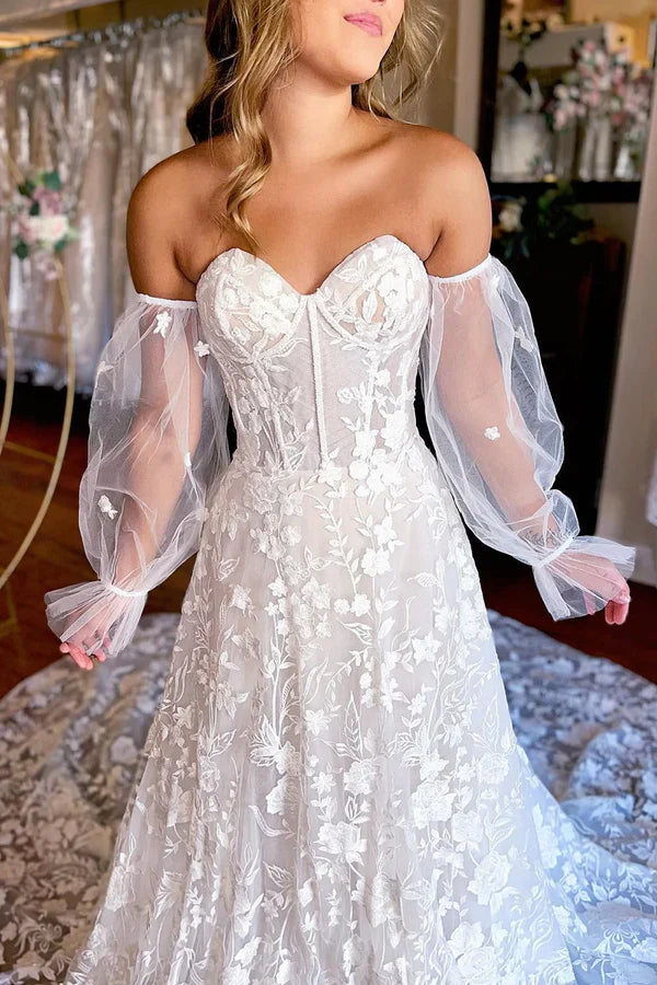 Luolandi A-Line Sweetheart Corset Long Sleeves Long Lace Wedding Dress Off Shoulder Beautiful