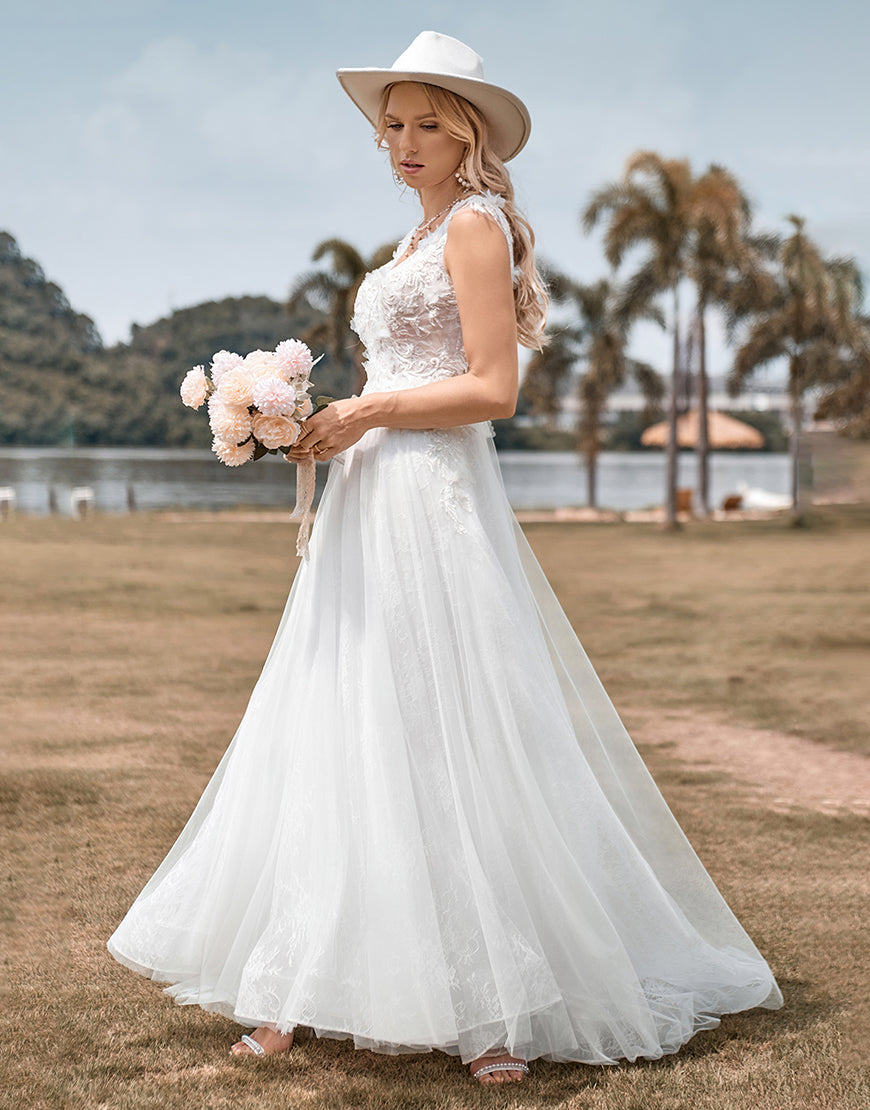 Luolandi Tulle Beaded Ivory Long A Line Wedding Dress Floor Length Open Back Sexy