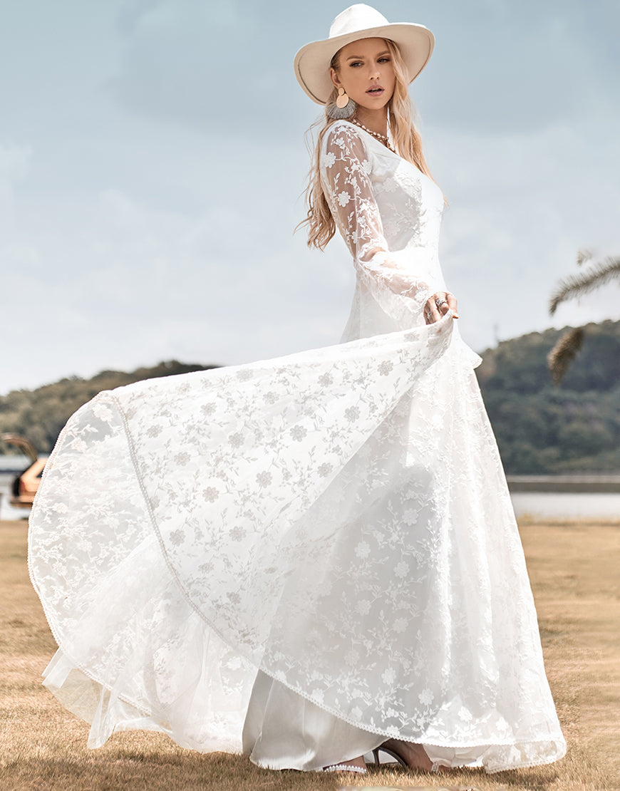 Luolandi Beauty A Line V Neck Ivory Lace Flare Sleeves Wedding Dress Floor Length Beautiful