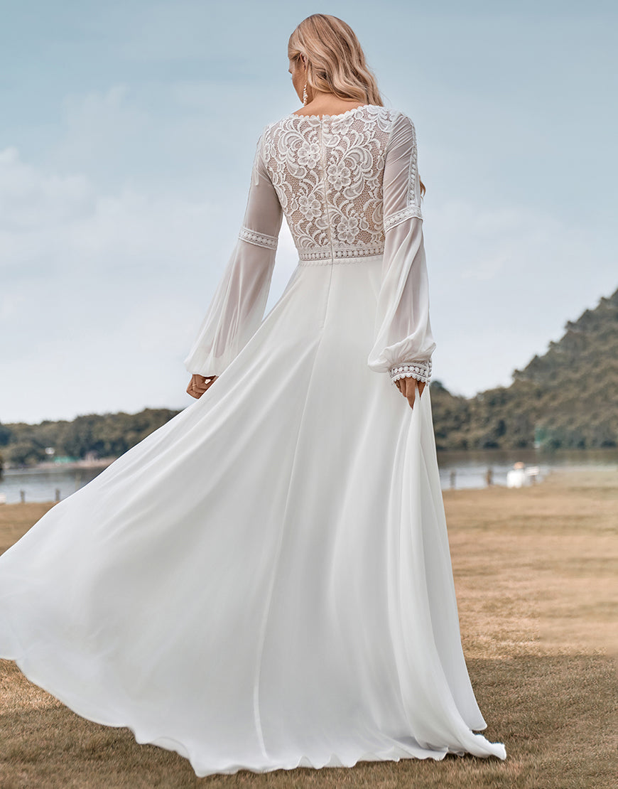 Luolandi Long Sleeves Ivory A Line Wedding Dress with Lace V-neck Floor Length