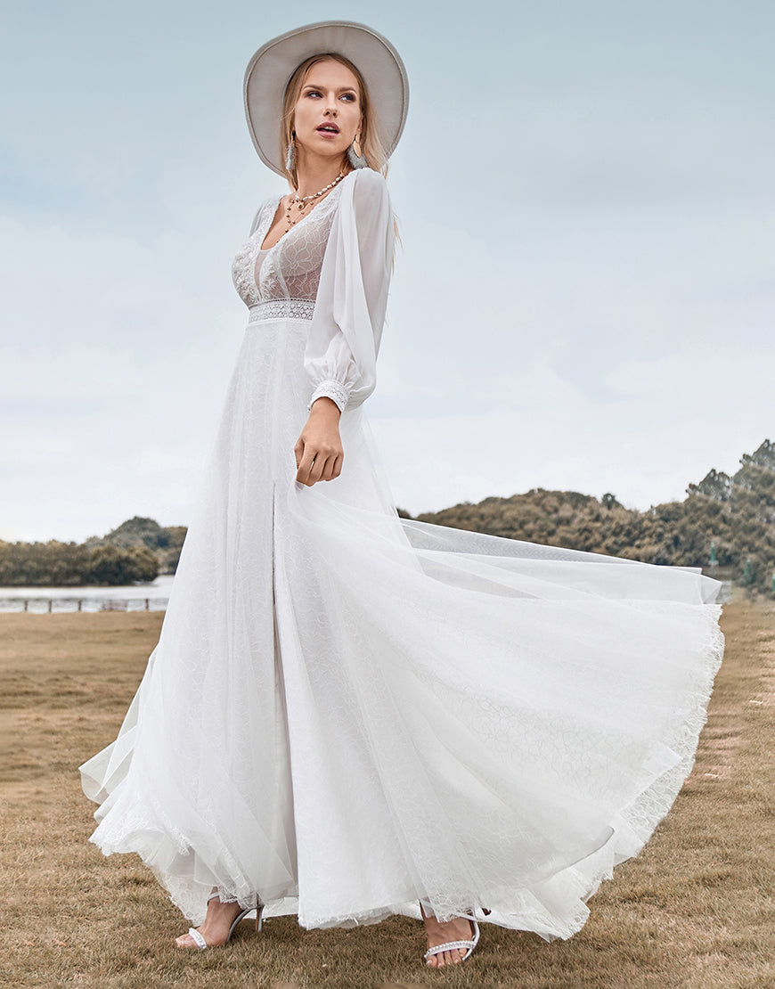 Luolandi A-Line Tulle Beaded Ivory Wedding Dress with Long Sleeves Open Back With Slit