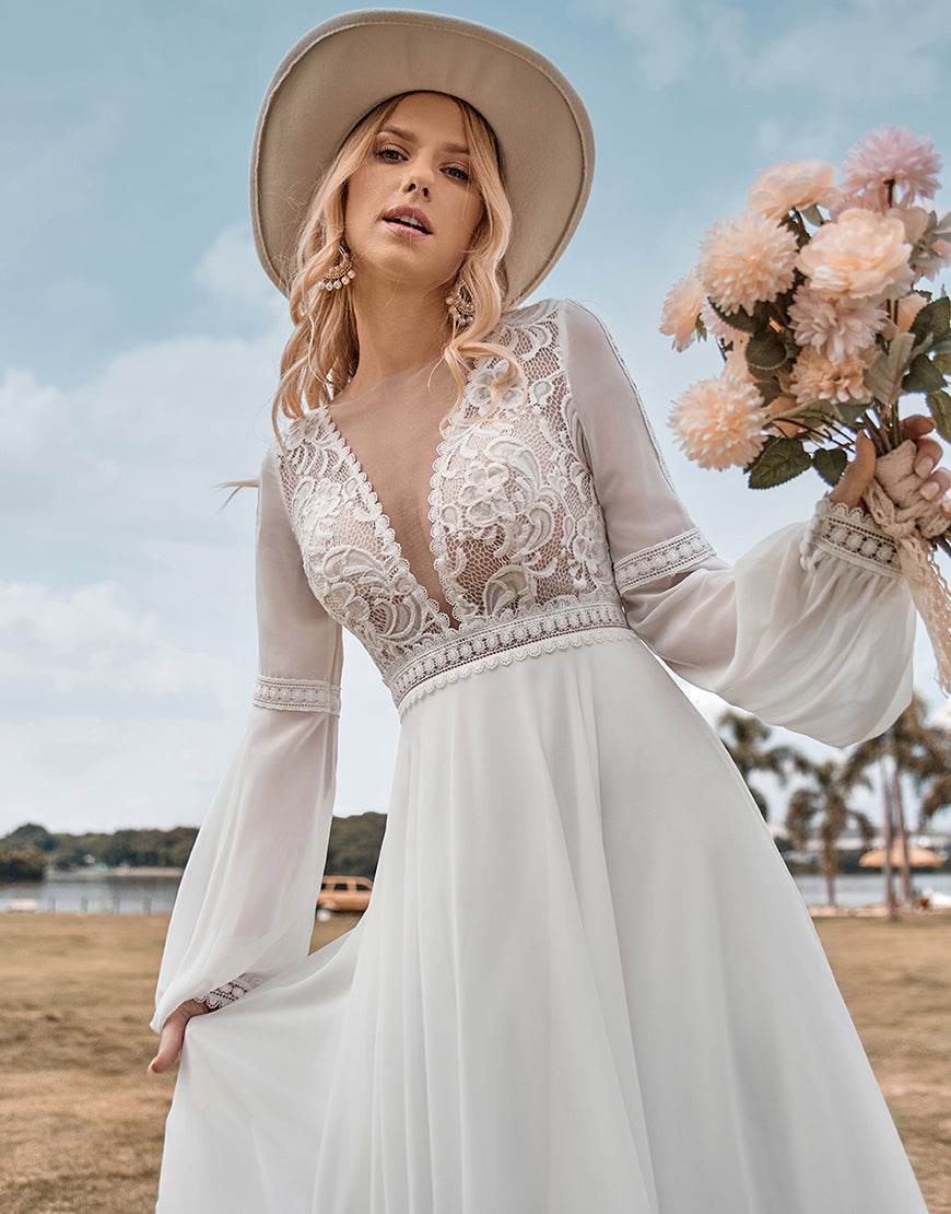 Luolandi Long Sleeves Ivory A Line Wedding Dress with Lace V-neck Floor Length