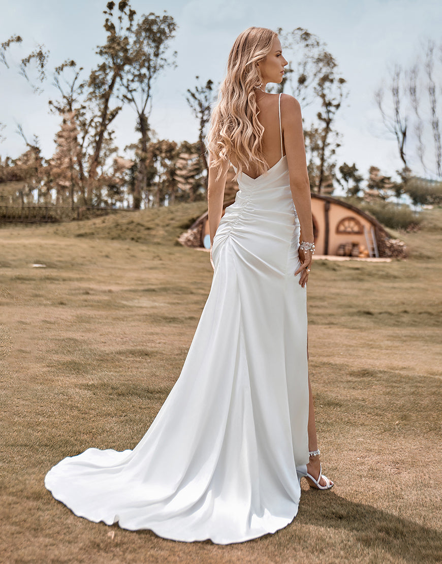 Luolandi Ivory Boho Satin Simple Mermaid Wedding Dress with Slit Sexy