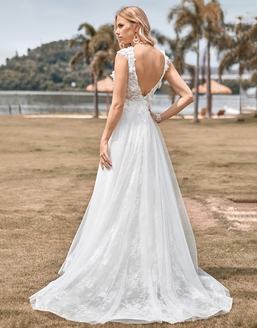 Luolandi Tulle Beaded Ivory Long A Line Wedding Dress Floor Length Open Back Sexy