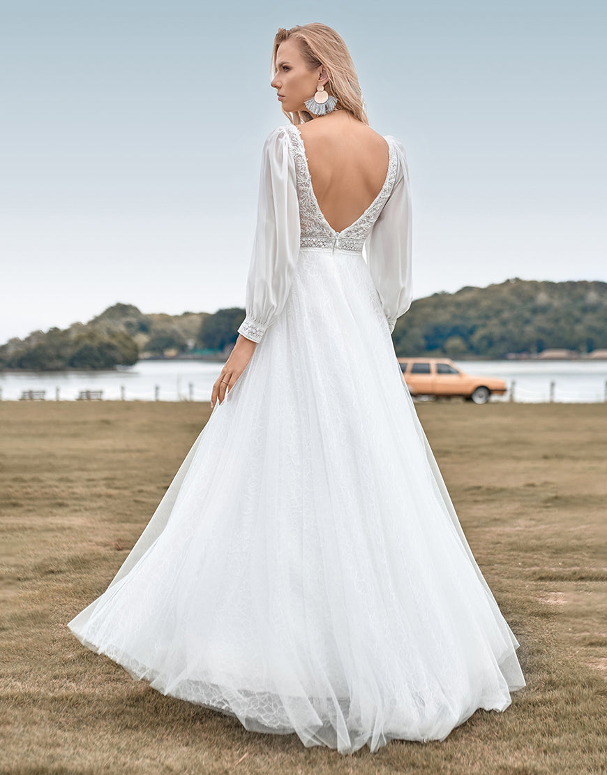 Luolandi A-Line Tulle Beaded Ivory Wedding Dress with Long Sleeves Open Back With Slit