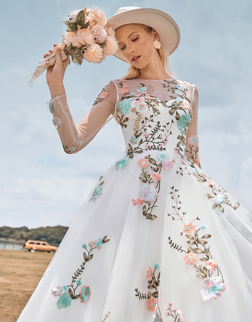 Luolandi Gorgeous A Line Tulle Long Sleeves Long Ivory Wedding Dress with Embroidery Flowers