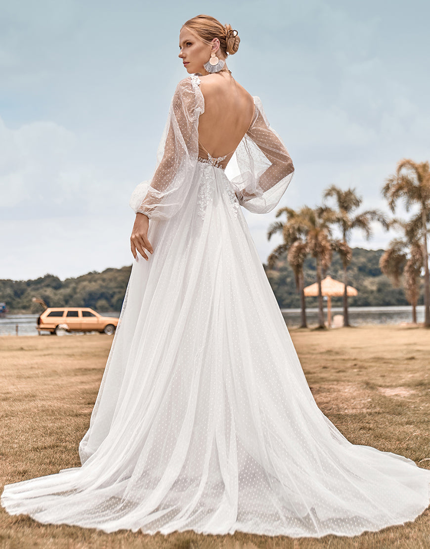 Luolandi Long Sleeves Open Back Ivory A Line Wedding Dress with Appliques Floor Length