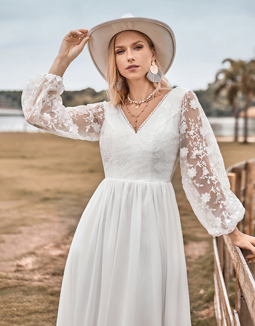 Luolandi A Line V Neck Ivory Chiffon Sweep Train Boho Wedding Dress with Lace Open Back