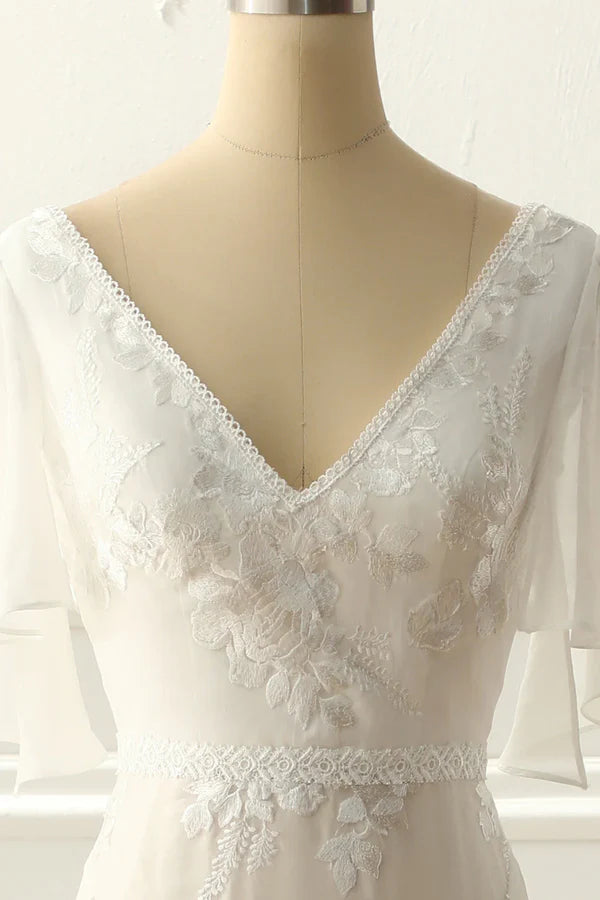 Luolandi Ivory V Neck A Line Long Wedding Dress With Appliques Beautiful