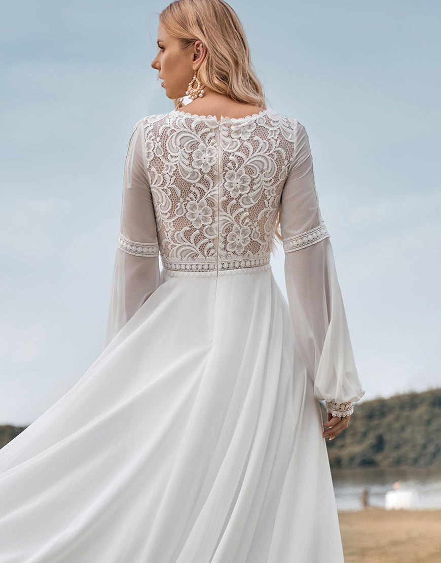 Luolandi Long Sleeves Ivory A Line Wedding Dress with Lace V-neck Floor Length
