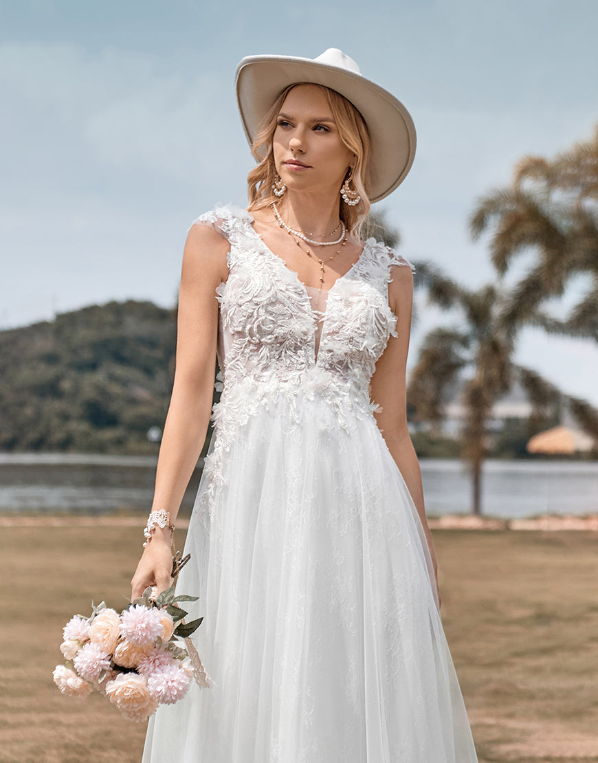 Luolandi Tulle Beaded Ivory Long A Line Wedding Dress Floor Length Open Back Sexy