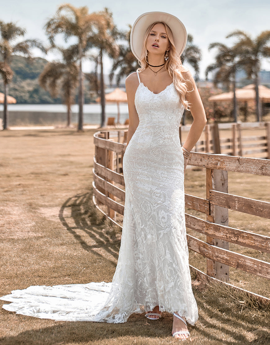 Luolandi Charming Mermaid Spaghetti Straps Lace Ivory Wedding Dress with Sweep Train Sexy