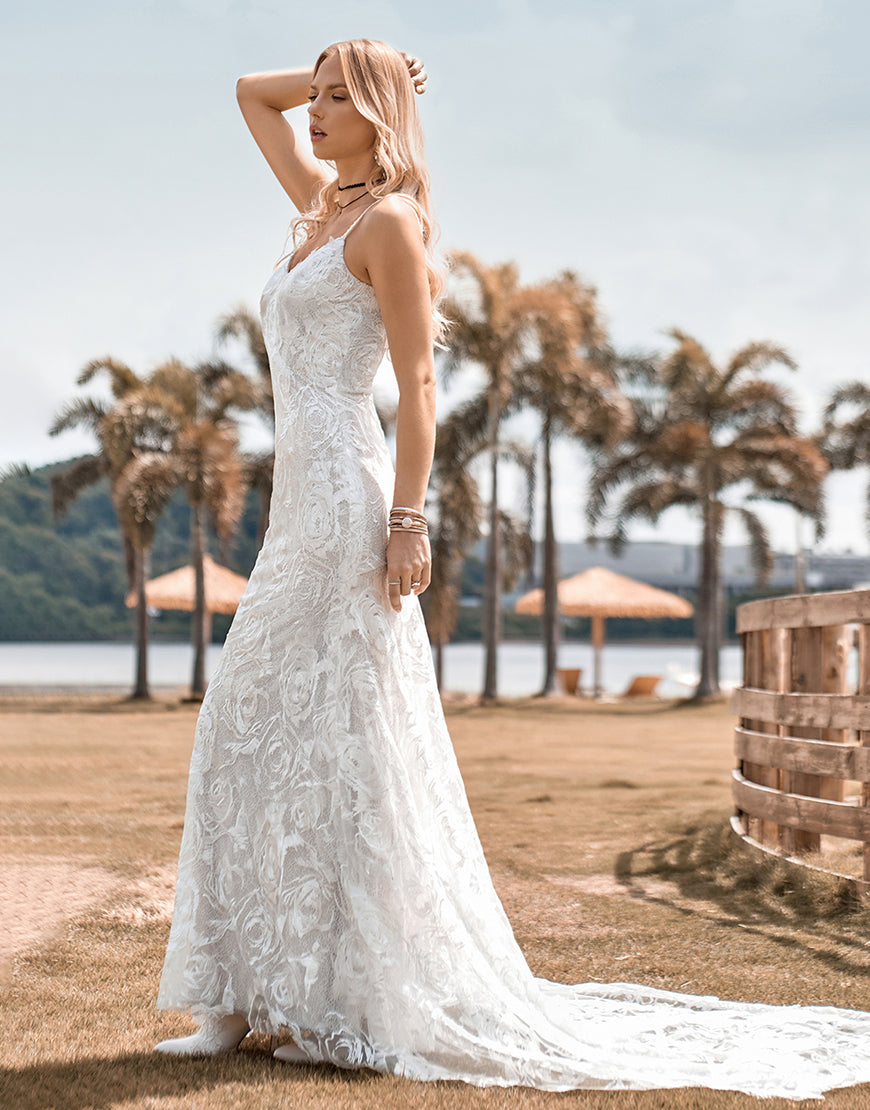 Luolandi Charming Mermaid Spaghetti Straps Lace Ivory Wedding Dress with Sweep Train Sexy