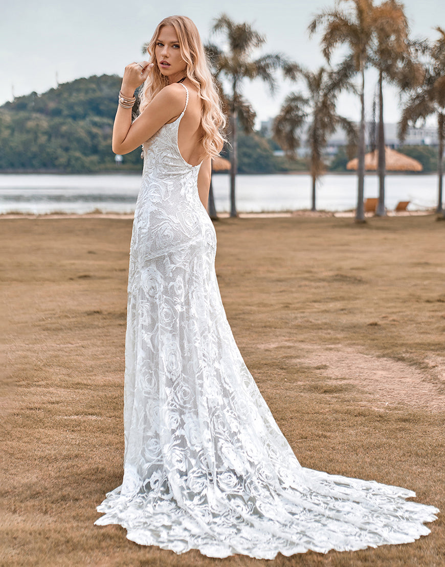 Luolandi Charming Mermaid Spaghetti Straps Lace Ivory Wedding Dress with Sweep Train Sexy