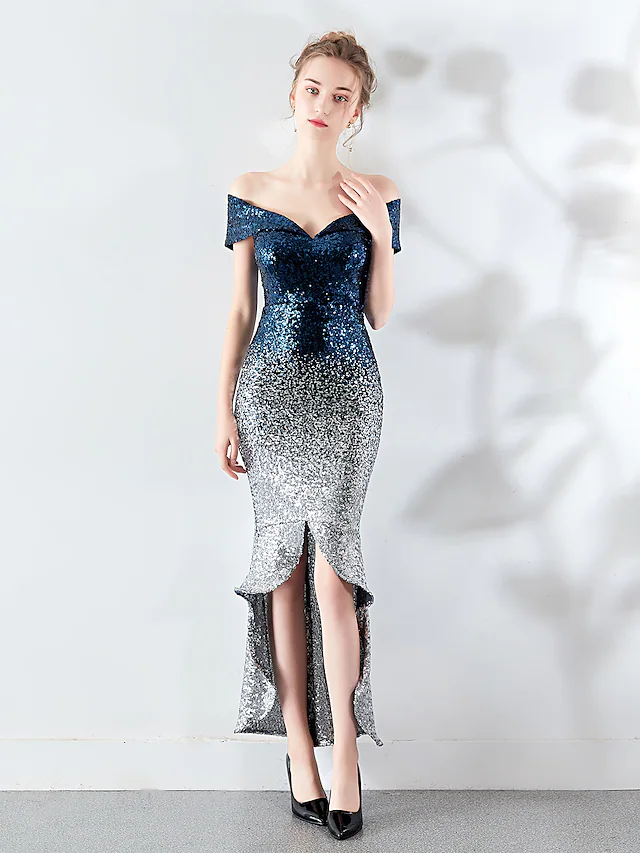 Luolandi Sexy Wedding Guest Cocktail Party Dress Off Shoulder Sleeveless Asymmetrical Sequined