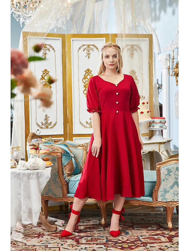 Luolandi A-Line Plus Size Elegant Engagement Prom Dress V Neck Half Sleeve Tea Length Fabric with Buttons