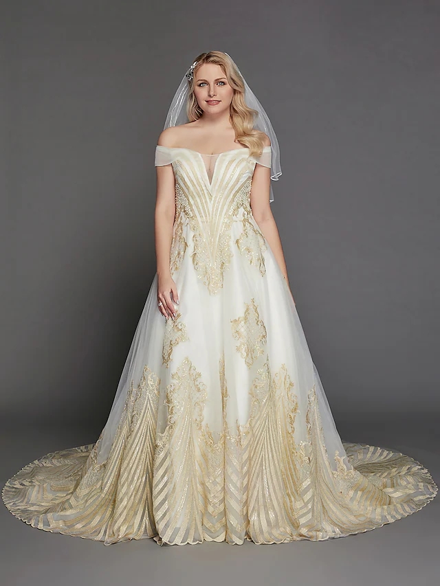 Luolandi Princess Wedding Dresses Off Shoulder Chapel Train Lace Tulle Cap Sleeve Glamorous Illusion Detail