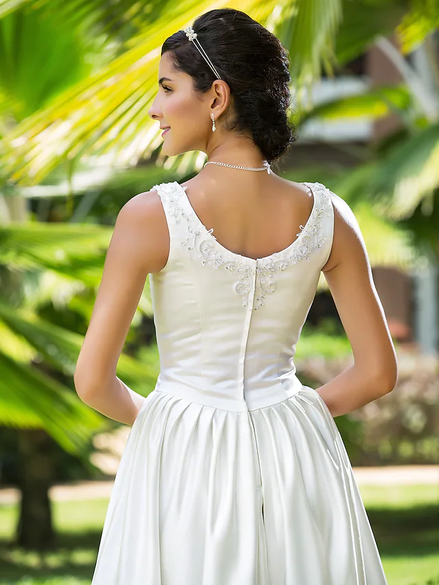 A-Line Wedding Dresses Scoop Neck Asymmetrical Satin Sleeveless with Beading Appliques Pocket