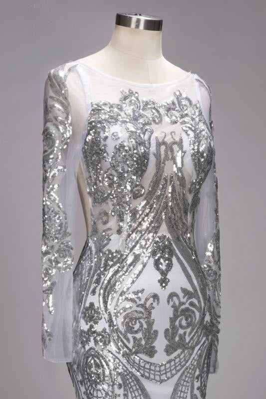 Luolandi Mermaid Long Sleeves Floor Length Sequined Tulle Prom Dresses Open Back Sparkly Evening Dress