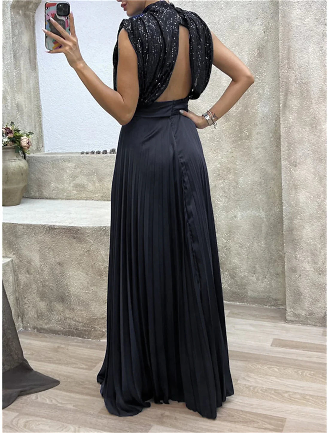 Luolandi Black Dress Sequin Dress Prom Dress Sequins Pleated Crew Neck Sleeveless Sparkly Evening Dress